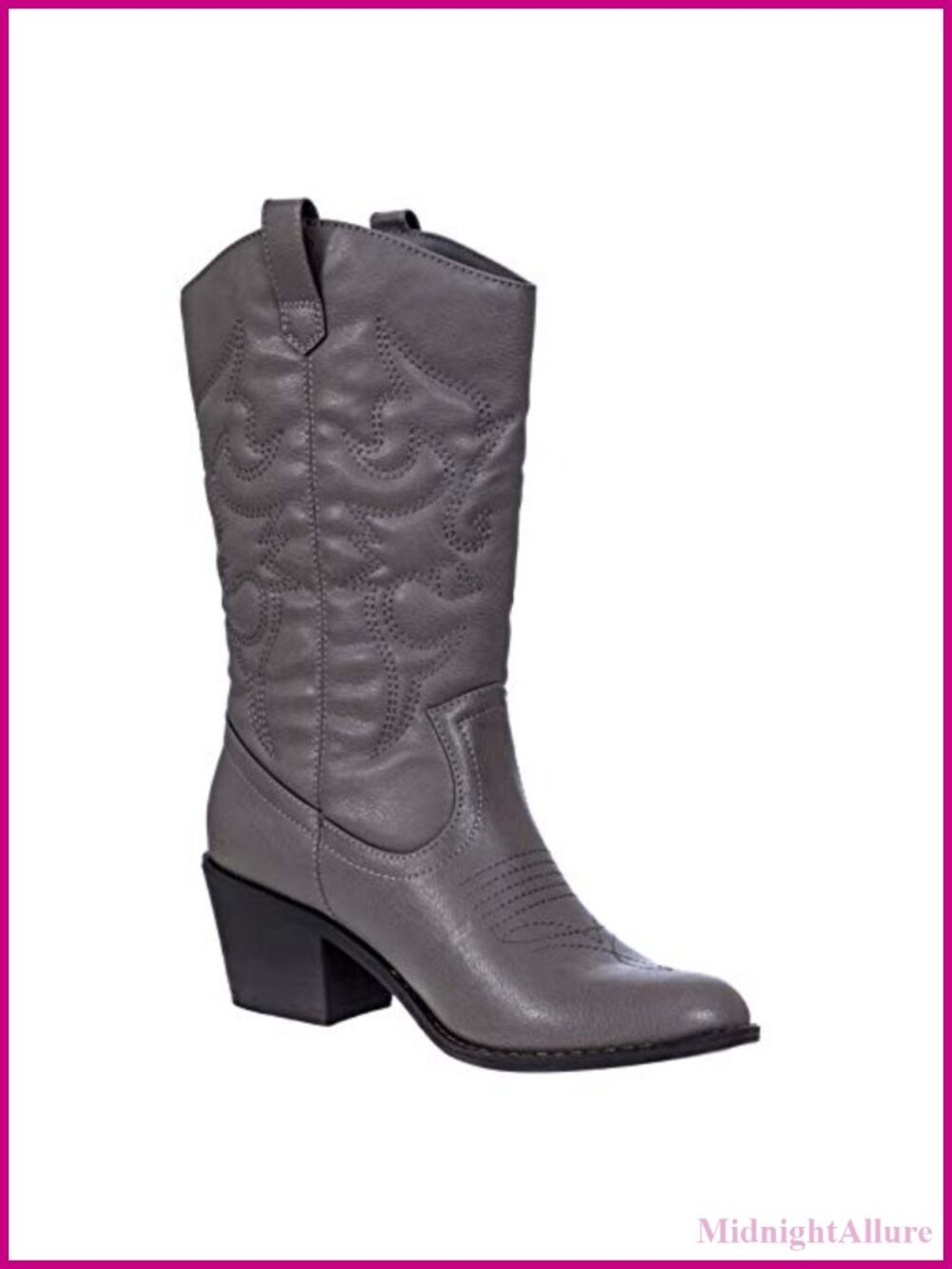 Faux Leather Western Cowboy Boots Mid-Calf Embroidered Slip On Women